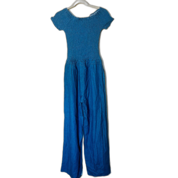 Hendi Denim Off the Shoulder Smocked Tie Jumpersuit Romper Overalls Medium - Picture 1 of 8